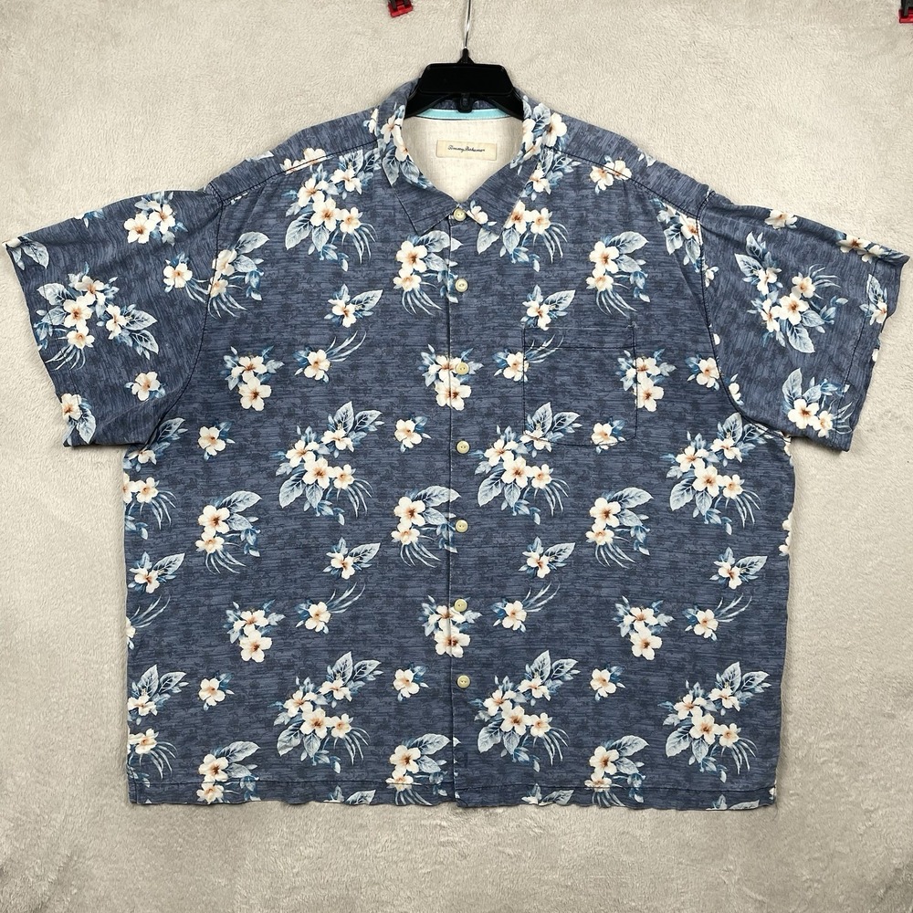 Tommy Bahama Hawaiian Shirt Mens 3XT Tall 100% Silk Blue Floral Button Up READ